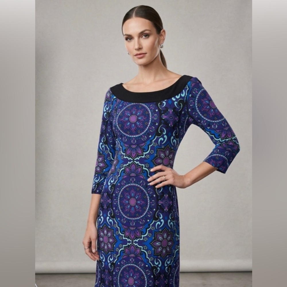 Tiana B Women's MED Multi-Color 3/4 Sleeves Stretch Shift Dress Purple paisley